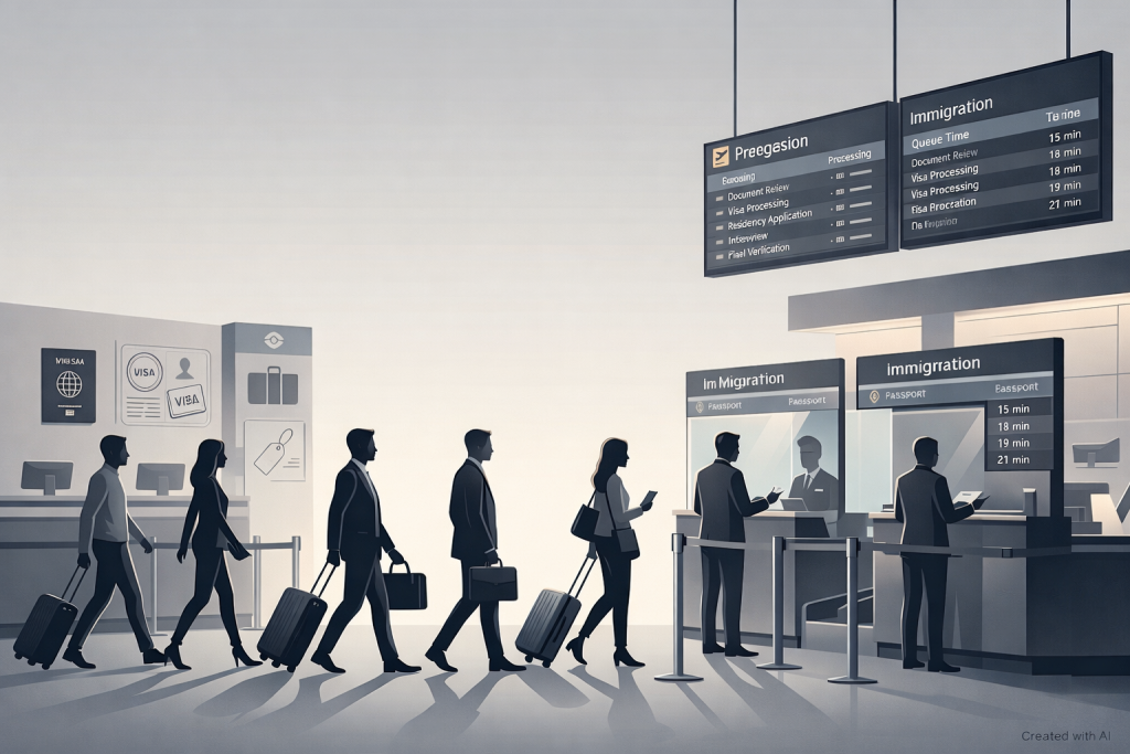 An editorial illustration of travelers queuing at an airport immigration checkpoint, symbolizing the potential impact of a U.S. Attorney General Change on visa processing and the atmosphere of policy enforcement.